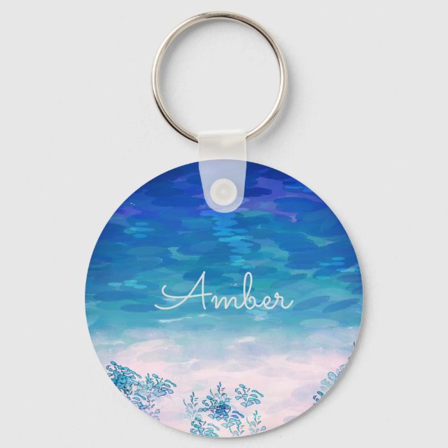 Blue Ocean Sea Beach Personalized Keychain (Front)