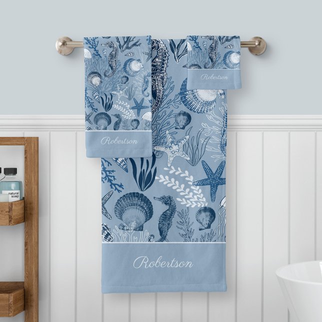 Blue Ocean Sea Life Custom Name Bath Towel Set (Creator Uploaded)