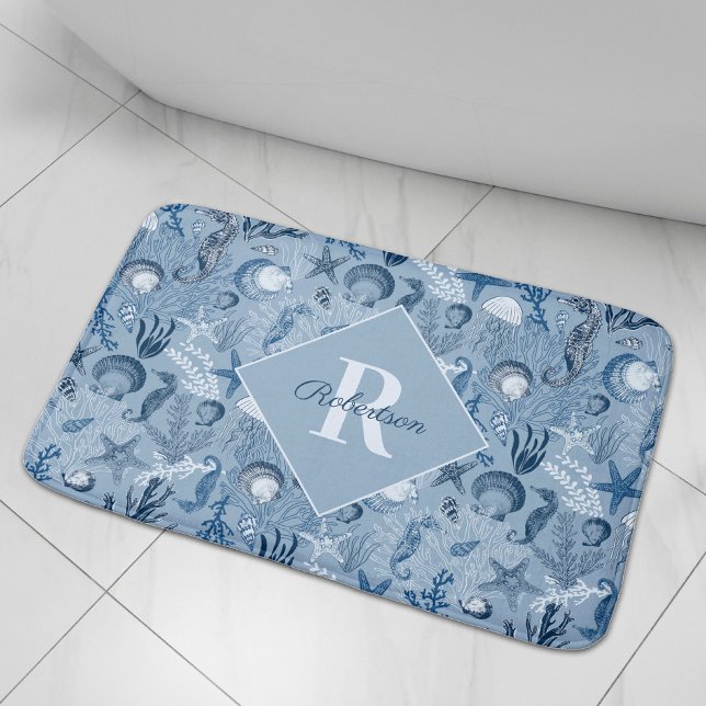 Blue Ocean Sea Life Monogram Coastal Bath Mat (Creator Uploaded)