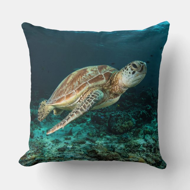 Blue ocean sea turtle coral reef throw pillow (Front)
