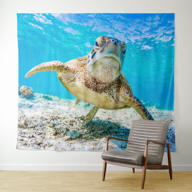 Blue ocean sea turtle face front tapestry (In Situ (Horizontal))