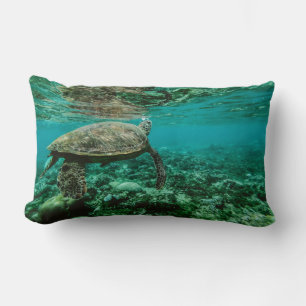 Blue ocean sea turtle swimming lumbar pillow