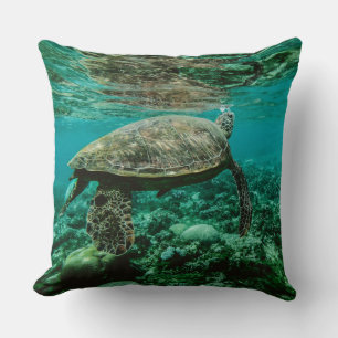 Blue ocean sea turtle swimming throw pillow