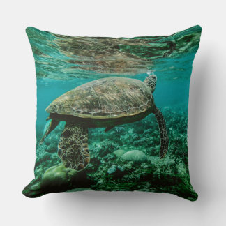 Blue ocean sea turtle swimming throw pillow