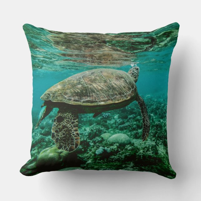 Blue ocean sea turtle swimming throw pillow (Front)