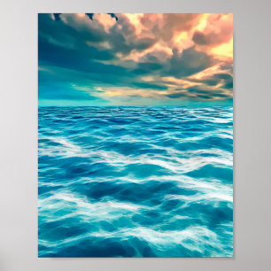 Blue Ocean Seascape Cloudy Sky Digital Painting Poster