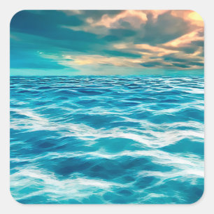 Blue Ocean Seascape Cloudy Sky Digital Painting   Square Sticker
