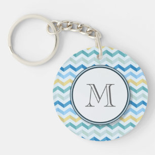Blue Ocean Shore Chevron Stripes w/ Round Monogram Keychain