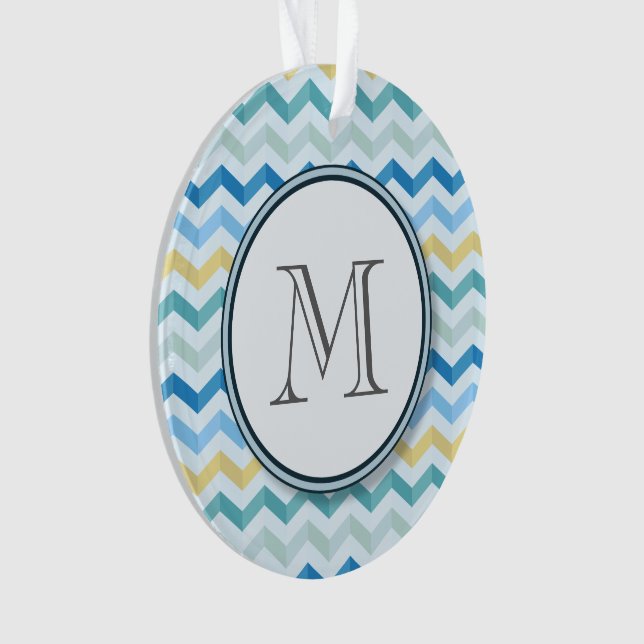 Blue Ocean Shore Chevron Stripes w/ Round Monogram Ornament (Front)