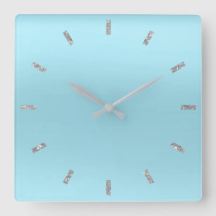 Blue Ocean Silver Pastel Ombre Minimal Glitter Square Wall Clock