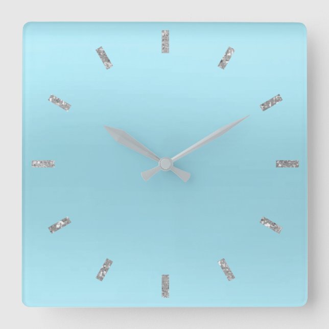 Blue Ocean Silver  Pastel Ombre Minimal Glitter Square Wall Clock (Front)
