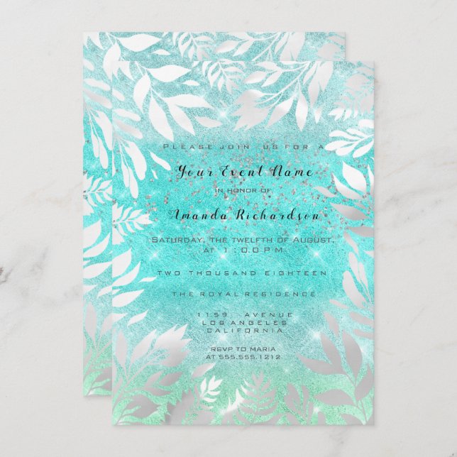 Blue Ocean Sky Glitter Ombre Floral Frame Invitation (Front/Back)