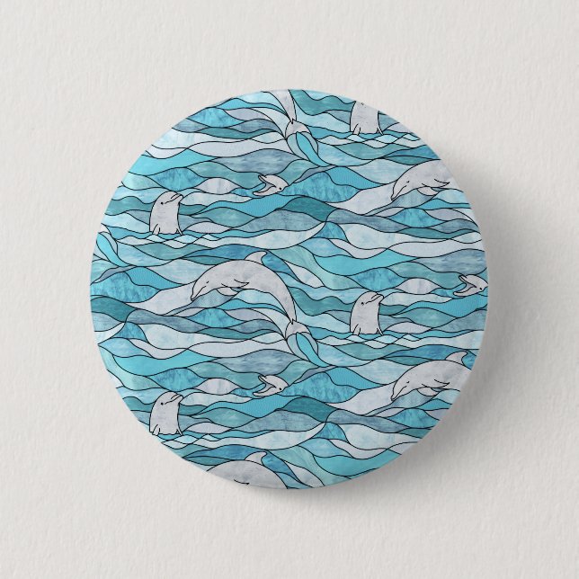Blue Ocean Stained Glass Dolphins 2 Inch Round Button (Front)