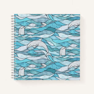 Blue Ocean Stained Glass Dolphins Notebook