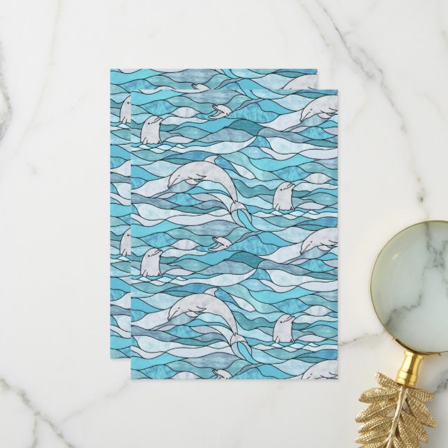 Blue Ocean Stained Glass Dolphins Thank You Card (Front/Back In Situ)