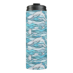 Blue Ocean Stained Glass Dolphins Thermal Tumbler