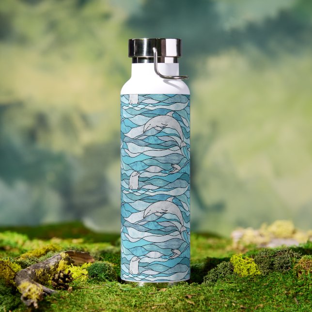 Blue Ocean Stained Glass Dolphins Water Bottle (Outdoor)