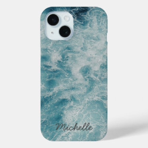 Blue Ocean Summer Beach Waves Personalized Name iPhone 15 Case