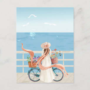 Blue Ocean summer girl with bicycle Postcard