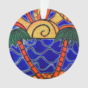 Blue Ocean Sunset Palm Trees Beach Waves Christmas Ornament