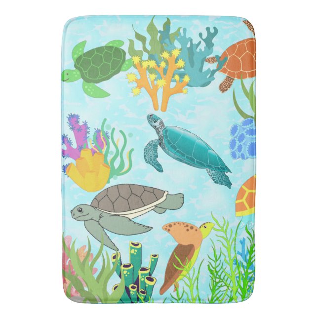 Blue Ocean Tropical Sea Turtles Corals Reef Marine Bath Mat (Front Vertical)