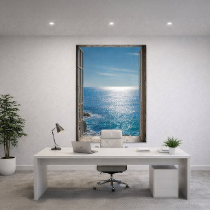 Blue Ocean View Open Window Trompe L'Oeil Photo Print