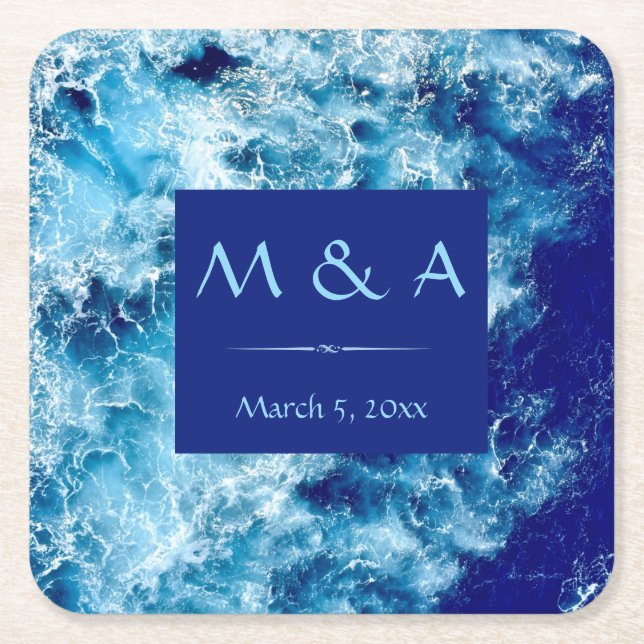 Blue Ocean Water Wedding Square Paper Coaster (Front)