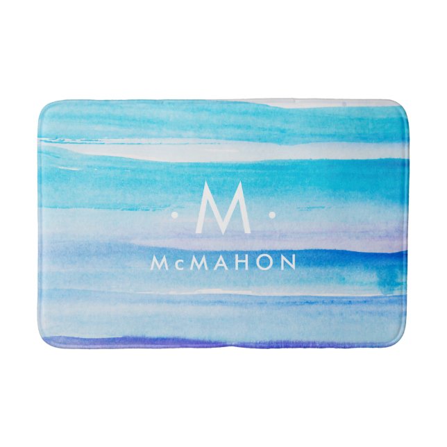 Blue Ocean Watercolor Monogram & Family Name Bath Mat (Front)