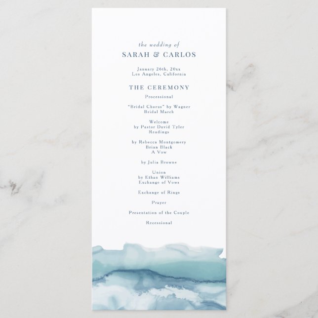 Blue Ocean Watercolor Wedding Program (Front)