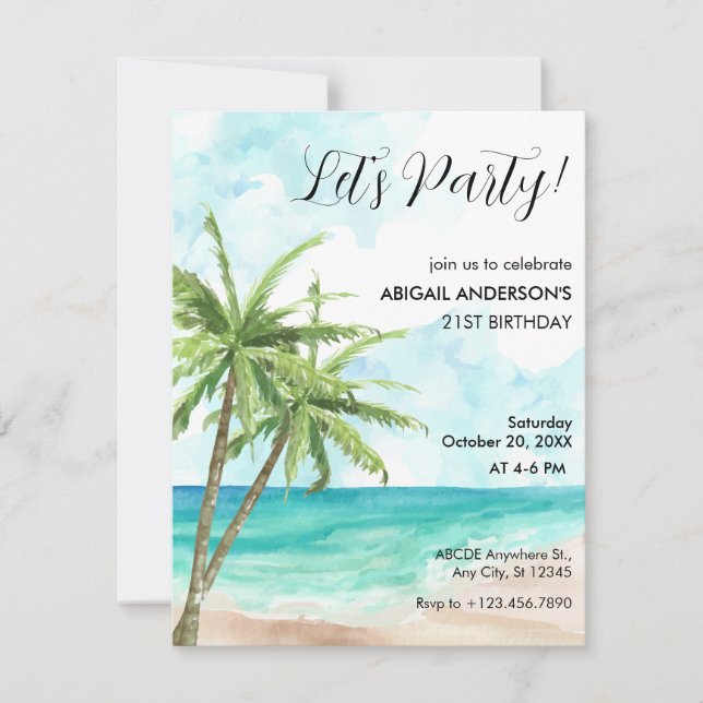 Blue ocean wave beach coconut tree Invitation (Front)