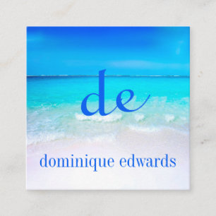Blue Ocean Wave Beach Scene Modern Monogram Square Business Card