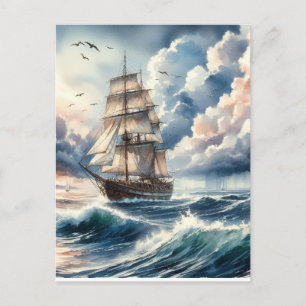Blue Ocean Wave Boat Watercolor Postcard