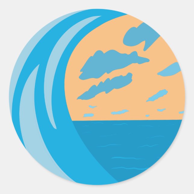 Blue ocean wave clouds orange sky classic round sticker (Front)
