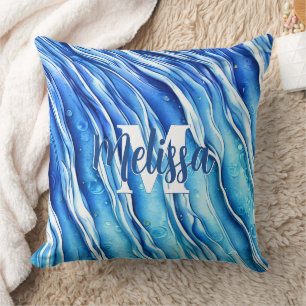 Blue Ocean Wave Monogrammed Throw Pillow
