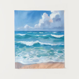 Blue Ocean Waves   Beach Sea Watercolor  Tapestry