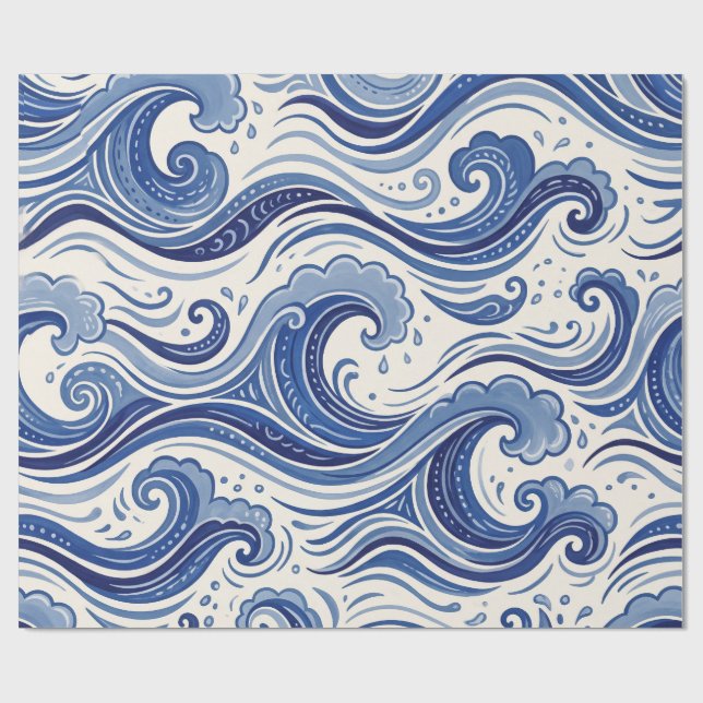 Blue Ocean Waves Coastal Nautical Pattern Wrapping Paper (Flat)