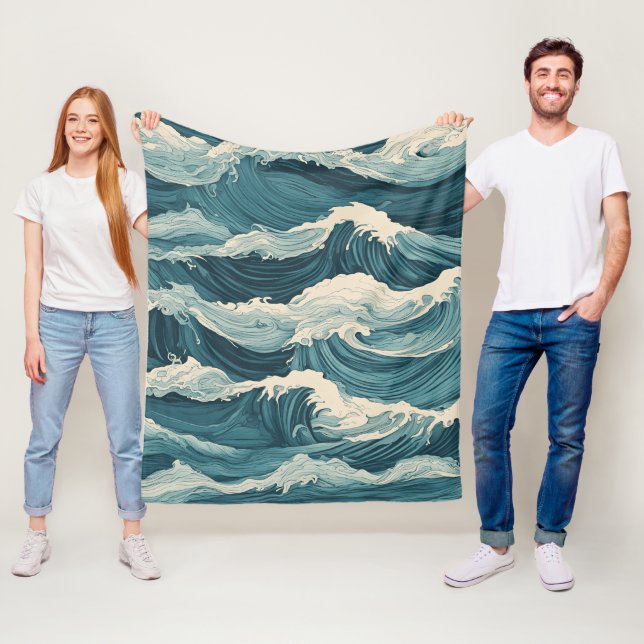 Blue ocean waves fleece blanket (In Situ)