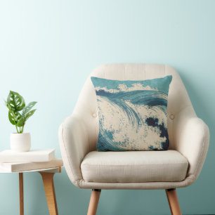 Blue Ocean Waves Japanese Woodcut  Throw Pillow
