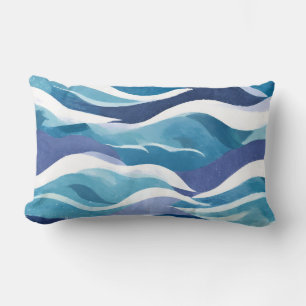 Blue Ocean Waves Modern Simplistic Watercolor Lumbar Pillow