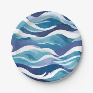 Blue Ocean Waves Modern Simplistic Watercolor Paper Plate