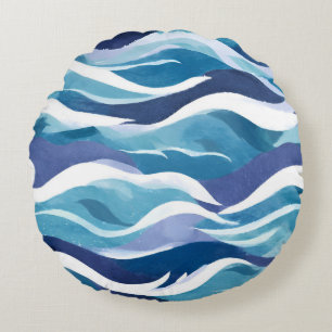 Blue Ocean Waves   Modern Simplistic Watercolor  Round Pillow