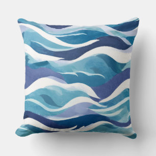Blue Ocean Waves Modern Simplistic Watercolor Throw Pillow