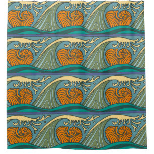 Blue Ocean Waves Nautilus Seashell Pattern Nouveau
