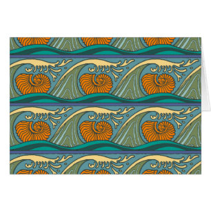 Blue Ocean Waves Nautilus Seashell Pattern Nouveau