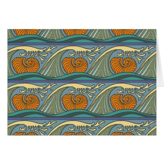Blue Ocean Waves Nautilus Seashell Pattern Nouveau (Front Horizontal)