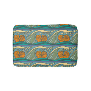 Blue Ocean Waves Nautilus Seashell Pattern Nouveau Bath Mat