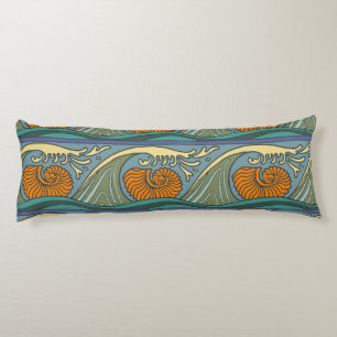 Blue Ocean Waves Nautilus Seashell Pattern Nouveau Body Pillow