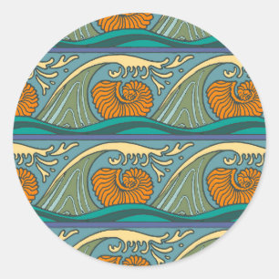 Blue Ocean Waves Nautilus Seashell Pattern Nouveau Classic Round Sticker