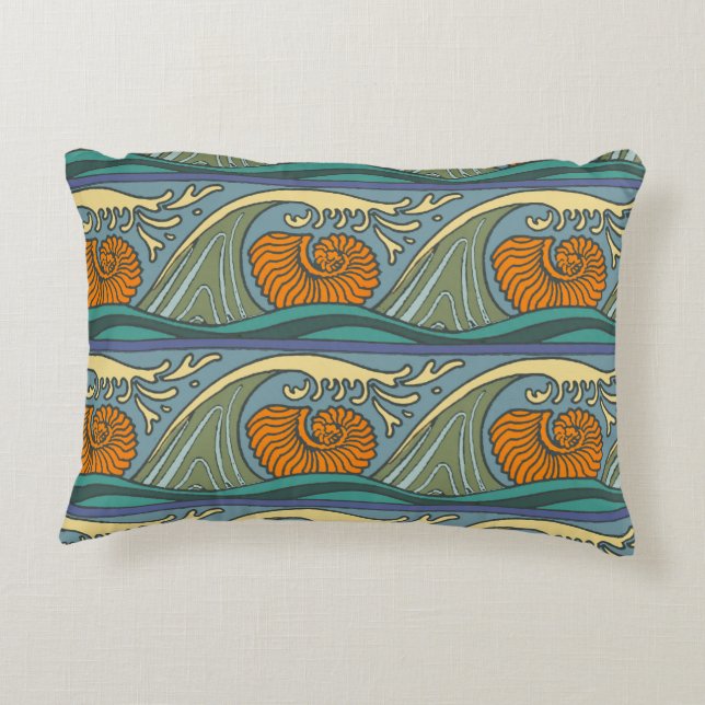 Blue Ocean Waves Nautilus Seashell Pattern Nouveau Decorative Pillow (Back)