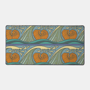 Blue Ocean Waves Nautilus Seashell Pattern Nouveau Desk Mat